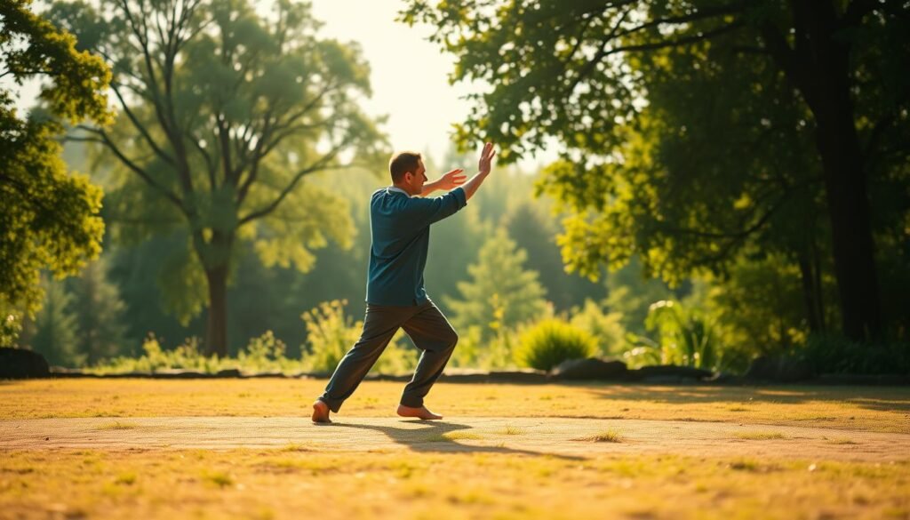 A tranquil outdoor setting with a person gracefully performing qigong warm-up exercises. The foreground shows the figure in fluid motion, their limbs extended in a classic qigong pose. Soft, warm lighting bathes the scene, creating a meditative atmosphere. The middle ground features a lush, verdant backdrop of trees and greenery, evoking a serene, natural environment. The background is hazy, with a subtle horizon line suggesting an open, expansive space. The overall composition conveys a sense of harmony, balance, and the integration of the human form with the natural world. A tranquil outdoor setting with a person gracefully performing qigong warm-up exercises. The foreground shows the figure in fluid motion, their limbs extended in a classic qigong pose. Soft, warm lighting bathes the scene, creating a meditative atmosphere. The middle ground features a lush, verdant backdrop of trees and greenery, evoking a serene, natural environment. The background is hazy, with a subtle horizon line suggesting an open, expansive space. The overall composition conveys a sense of harmony, balance, and the integration of the human form with the natural world.