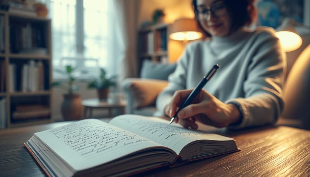 A tranquil scene of a person journaling in a cozy, well-lit room. The foreground depicts the journal pages open, with a pen gently tracing flowing cursive script. Warm, soft lighting creates a serene atmosphere, casting a gentle glow on the writer's face and the pages. The middle ground features a comfortable armchair, a small side table with a steaming mug, and a potted plant adding a touch of nature. In the background, a bookshelf or window provides a sense of depth, hinting at the mental clarity and introspection that journaling can foster. The overall composition conveys a sense of focus, relaxation, and the tangible benefits of the journaling process. A tranquil scene of a person journaling in a cozy, well-lit room. The foreground depicts the journal pages open, with a pen gently tracing flowing cursive script. Warm, soft lighting creates a serene atmosphere, casting a gentle glow on the writer's face and the pages. The middle ground features a comfortable armchair, a small side table with a steaming mug, and a potted plant adding a touch of nature. In the background, a bookshelf or window provides a sense of depth, hinting at the mental clarity and introspection that journaling can foster. The overall composition conveys a sense of focus, relaxation, and the tangible benefits of the journaling process.