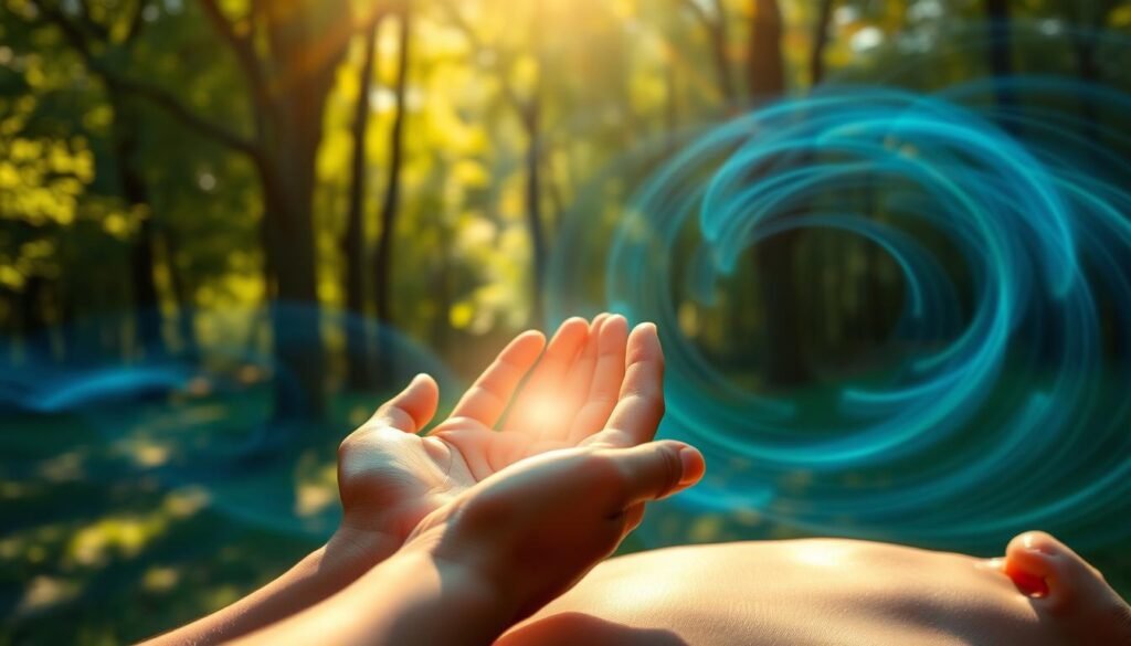 A tranquil scene of energy healing. In the foreground, a person's hands gently hover over the recipient, palms glowing with a soft, ethereal light. The middle ground features a serene, natural setting - a lush forest with dappled sunlight filtering through the leaves. In the background, swirling energy fields of blues and greens undulate, creating a sense of vibrant, dynamic power. The lighting is warm and comforting, casting a gentle glow over the entire scene. The atmosphere is one of calm, focus, and profound healing. The camera angle is slightly elevated, providing a holistic view of the energy healing process. A tranquil scene of energy healing. In the foreground, a person's hands gently hover over the recipient, palms glowing with a soft, ethereal light. The middle ground features a serene, natural setting - a lush forest with dappled sunlight filtering through the leaves. In the background, swirling energy fields of blues and greens undulate, creating a sense of vibrant, dynamic power. The lighting is warm and comforting, casting a gentle glow over the entire scene. The atmosphere is one of calm, focus, and profound healing. The camera angle is slightly elevated, providing a holistic view of the energy healing process.