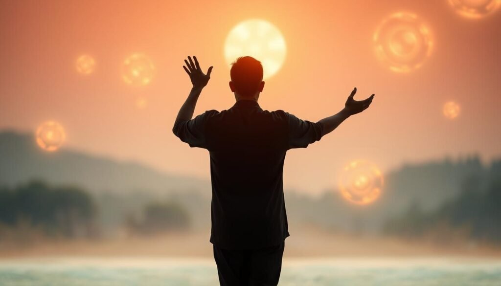 A tranquil scene of graceful qigong energy flows, with glowing orbs of chi pulsating and swirling through the air. The practitioner's silhouette is depicted in a serene stance, hands raised in a flowing motion, harnessing the cosmic forces. Soft, warm lighting illuminates the scene, casting a meditative ambiance. The background features a blurred, natural landscape, conveying a sense of harmony and balance. The composition is carefully framed, capturing the essence of qigong's energy-based practice, in contrast to the speed and physicality of a morning jog. A tranquil scene of graceful qigong energy flows, with glowing orbs of chi pulsating and swirling through the air. The practitioner's silhouette is depicted in a serene stance, hands raised in a flowing motion, harnessing the cosmic forces. Soft, warm lighting illuminates the scene, casting a meditative ambiance. The background features a blurred, natural landscape, conveying a sense of harmony and balance. The composition is carefully framed, capturing the essence of qigong's energy-based practice, in contrast to the speed and physicality of a morning jog.
