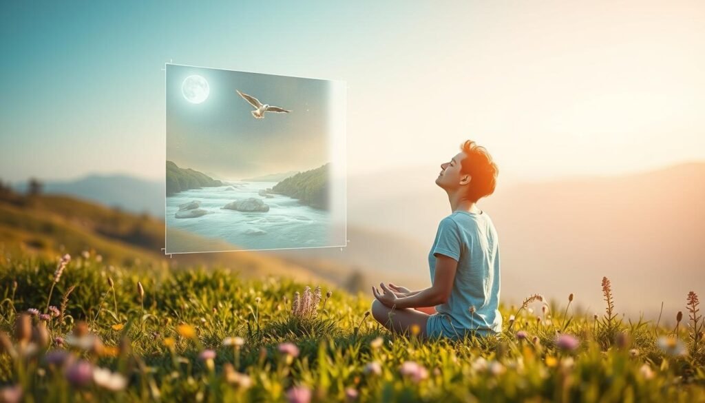 A tranquil, serene scene depicting the benefits of a digital detox. In the foreground, a person sitting in a peaceful meadow, surrounded by lush greenery and wildflowers, eyes closed, deep in meditation. The middle ground features a floating hologram display showcasing calm, natural imagery - a flowing river, a starry night sky, a bird in flight. The background is a soft, blurred landscape with rolling hills and a distant, hazy horizon. Warm, natural lighting bathes the scene, creating a sense of harmony and rejuvenation. The overall mood is one of inner peace, clarity, and a renewed connection with the natural world, free from the distractions of digital devices.