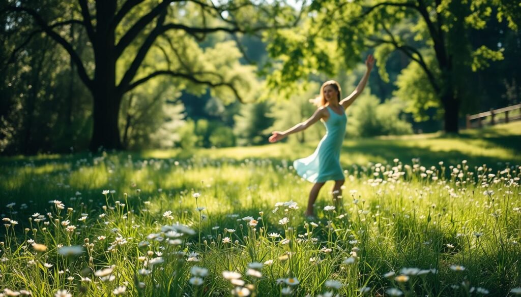 A tranquil, sun-dappled meadow where delicate wildflowers sway in a gentle breeze. In the foreground, a person moves with graceful, deliberate motions, their body a study in fluid, mindful movement. Dappled light filters through the lush canopy above, casting a serene, contemplative atmosphere. The scene captures the essence of mindful movement - a focused, meditative practice that prioritizes presence and connection over intensity and speed. A tranquil, sun-dappled meadow where delicate wildflowers sway in a gentle breeze. In the foreground, a person moves with graceful, deliberate motions, their body a study in fluid, mindful movement. Dappled light filters through the lush canopy above, casting a serene, contemplative atmosphere. The scene captures the essence of mindful movement - a focused, meditative practice that prioritizes presence and connection over intensity and speed.