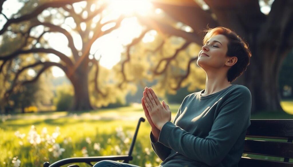 A tranquil, sun-dappled scene of a person sitting on a wooden bench, hands clasped in a gesture of gratitude, surrounded by a lush garden. The subject's face is serene, eyes closed, as they bask in a moment of mindful appreciation. Soft natural light filters through the leaves of towering oak trees, casting gentle shadows across the serene setting. In the background, a verdant meadow with wildflowers sways in the breeze, creating a sense of peaceful contemplation. The overall atmosphere is one of calm, introspection, and the restorative power of gratitude.