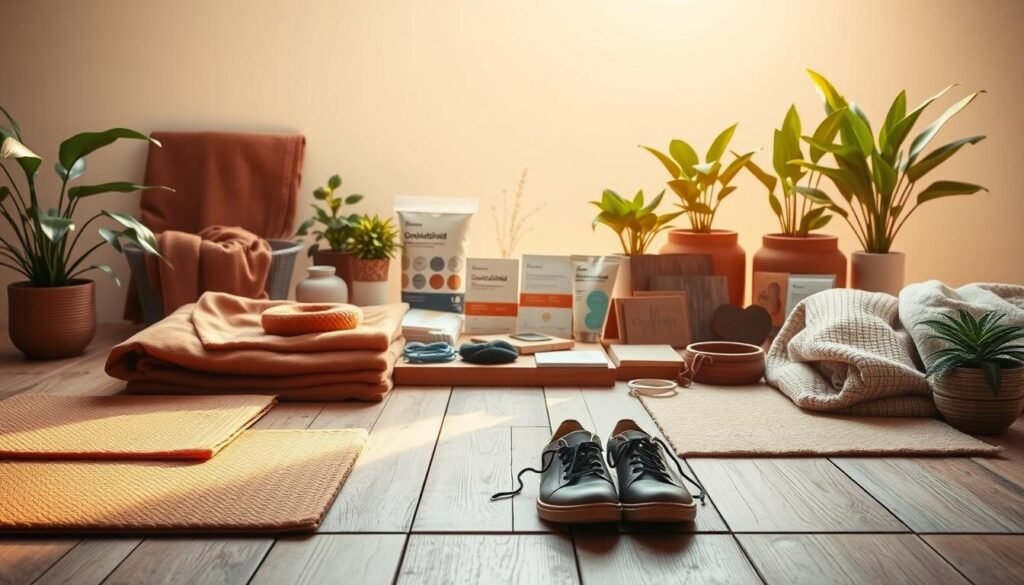 A tranquil yet vibrant scene of various grounding products, bathed in warm, natural lighting. In the foreground, a wooden platform showcases an array of grounding mats, sheets, and shoes in earthy tones. Midground features a selection of grounding patches and accessories, complemented by lush, verdant potted plants. The background gently fades into a serene, minimalist setting, evoking a sense of balance and wellbeing. The composition highlights the natural, holistic nature of these grounding products, inviting the viewer to explore the benefits of connecting with the earth.