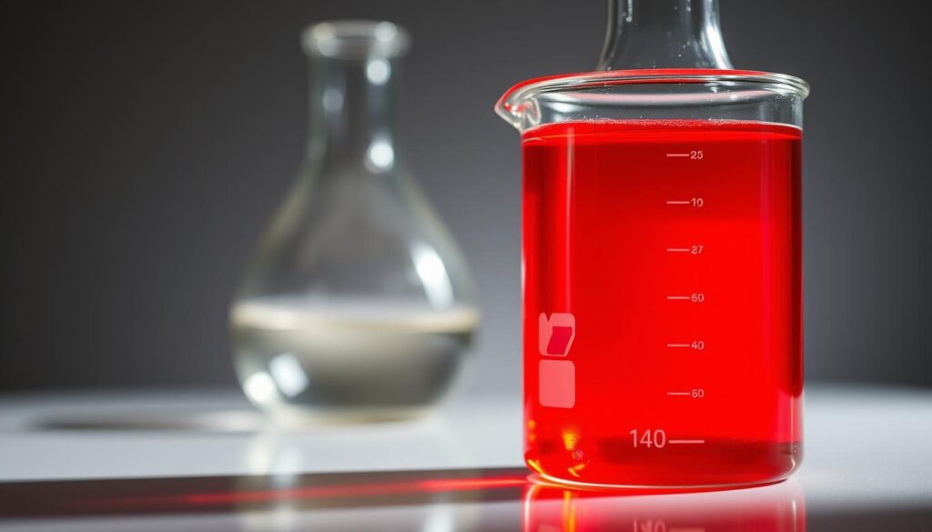 A transparent glass beaker filled with a vibrant red liquid representing blood sugar, positioned in the foreground. In the background, a transparent glass flask containing a clear, amber-colored liquid, symbolizing acetic acid. The scene is illuminated by soft, directional lighting, creating dramatic shadows and highlights that emphasize the scientific and laboratory-like atmosphere. The camera angle is slightly elevated, giving a sense of depth and emphasis to the two contrasting liquids. The overall mood is one of scientific inquiry and the exploration of the relationship between acetic acid and blood sugar.