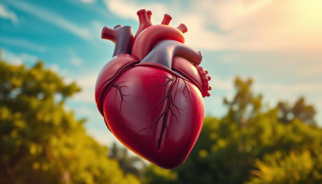 A vibrant, anatomically accurate illustration of a healthy human heart set against a serene, nature-inspired backdrop. The heart is rendered in rich, saturated hues, with intricate details of the ventricles, valves, and major blood vessels. The foreground is sharply in focus, while the middle ground features lush greenery and a calming blue sky with wispy clouds. Warm, diffused lighting emanates from the upper left, creating soft shadows and highlights that accentuate the heart's organic form. The overall mood is one of balance, vitality, and the harmonious interplay between the cardiovascular system and the natural world.