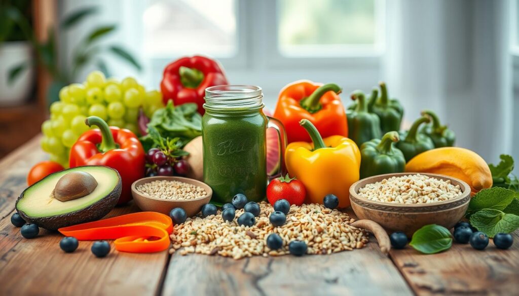 A vibrant and balanced still life composition of nourishing whole foods arranged on a rustic wooden table. In the foreground, an array of colorful fruits, vegetables, and grains such as avocado, bell peppers, quinoa, and blueberries, meticulously positioned to create a visually appealing and harmonious display. In the middle ground, a glass mason jar filled with a green smoothie or herbal tea, complementing the natural hues of the produce. The background features soft, natural lighting, perhaps from a window, casting a warm, inviting glow over the scene. The overall atmosphere evokes a sense of wellness, mindfulness, and a healthy, hormone-balancing lifestyle.