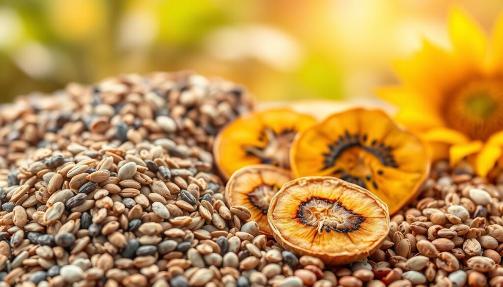 A vibrant and detailed illustration of various nutritious seeds arranged in an artful composition. In the foreground, an assortment of whole and cracked seeds such as chia, flax, hemp, pumpkin, and sunflower, captured under soft, natural lighting. The middle ground features cross-sections of the seeds, revealing their rich inner textures and colors. In the background, a blurred backdrop of lush, earthy tones creates a soothing, nourishing atmosphere. The image conveys the diverse nutritional benefits of seeds, highlighting their versatility as a wholesome, plant-based food source.