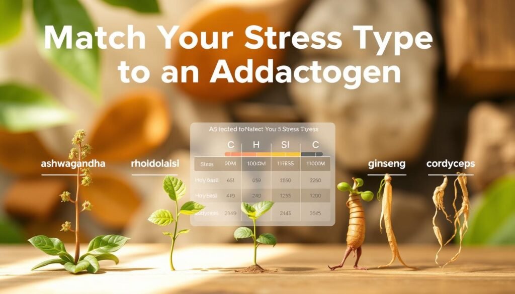 A vibrant and informative illustration depicting the "Match Your Stress Type to an Adaptogen" section. In the foreground, five adaptogen plants - ashwagandha, rhodiola, holy basil, ginseng, and cordyceps - stand in a row, each accompanied by a descriptive icon representing a different stress type. The middle ground showcases a scientific-looking graphic with stress levels and adaptogen recommendations. In the background, a soft, blurred pattern of natural textures like leaves, wood grain, or stone creates a calming, earthy atmosphere. Warm, natural lighting highlights the details, conveying a sense of balance and wellness. The overall composition is clean, visually appealing, and effectively communicates the key information. A vibrant and informative illustration depicting the "Match Your Stress Type to an Adaptogen" section. In the foreground, five adaptogen plants - ashwagandha, rhodiola, holy basil, ginseng, and cordyceps - stand in a row, each accompanied by a descriptive icon representing a different stress type. The middle ground showcases a scientific-looking graphic with stress levels and adaptogen recommendations. In the background, a soft, blurred pattern of natural textures like leaves, wood grain, or stone creates a calming, earthy atmosphere. Warm, natural lighting highlights the details, conveying a sense of balance and wellness. The overall composition is clean, visually appealing, and effectively communicates the key information.