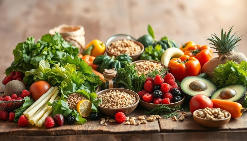 A vibrant assortment of nourishing foods arranged on a rustic wooden table, captured in warm, natural lighting. In the foreground, a variety of fresh produce shines, including crisp greens, juicy berries, and vibrant vegetables. The middle ground showcases whole grains, lean proteins, and healthy fats like nuts and avocado, hinting at a balanced, hormone-supporting meal plan. In the background, a soothing, earthy color palette sets the tone for a tranquil, wellness-focused atmosphere. The composition is clean and uncluttered, allowing the wholesome ingredients to take center stage.