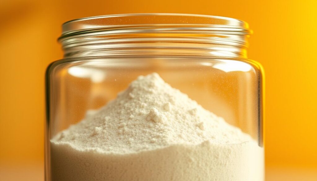 A vibrant, close-up photograph of a glass jar filled with a fine, powder-like substance in a warm, golden-toned lighting. The powder has a light, airy texture and a slightly shimmering quality, hinting at its energizing properties. The jar is set against a blurred, out-of-focus background, allowing the powder to take center stage. The lighting casts gentle shadows, creating a sense of depth and dimension. The overall composition conveys a sense of focus, vitality, and a subtle, calming energy.