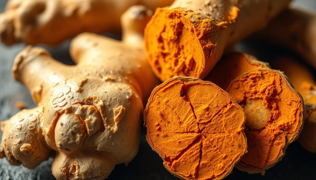 A vibrant, close-up photograph showcasing the interplay of ginger and turmeric roots. The foreground features the fresh, knobby surfaces of the roots, their golden-orange hues and intricate textures illuminated by soft, natural lighting. In the middle ground, the roots are sliced open, revealing the rich, earthy tones and the distinctive striations that hint at their potent anti-inflammatory properties. The background is blurred, allowing the viewer to focus solely on the captivating visual details of this powerful "inflammation-fighting duo." The mood is one of curiosity and anticipation, inviting the viewer to explore the unique benefits of this remarkable botanical pairing.