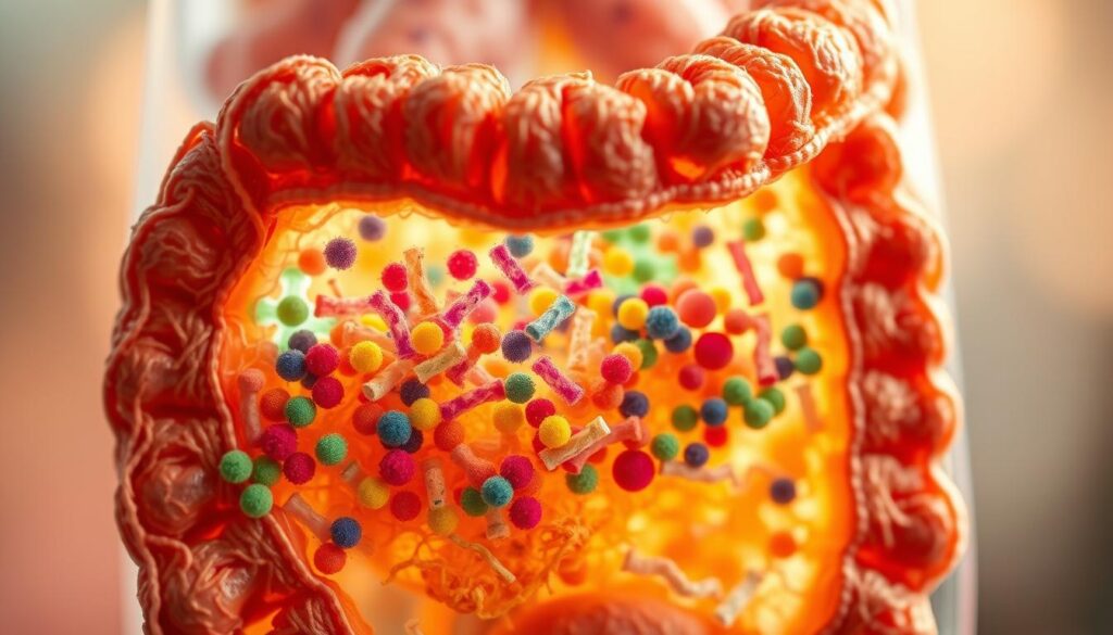 A vibrant cross-section revealing the intricate relationship between fiber, gut microbiome, and digestive health. In the foreground, a richly textured tapestry of diverse fibers - cellulose, pectin, and resistant starches - weaving together to nourish the thriving microbial community in the middle ground. Closeup views of gut bacteria, represented as colorful, dynamic shapes, busily fermenting the fiber into beneficial compounds. In the background, a serene, translucent atmosphere evokes the soothing sensations of a healthy, comfortable digestive system. Soft, diffused lighting casts a warm, inviting glow, emphasizing the harmony between these essential elements of gut wellbeing.