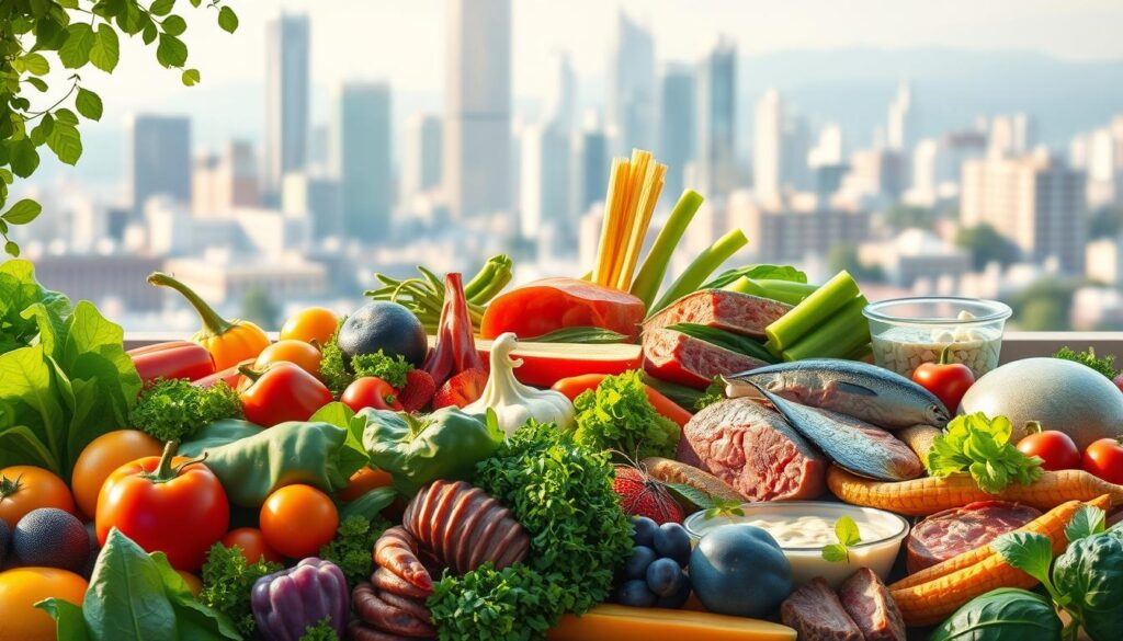 A vibrant, detailed illustration depicting the current dietary debate between plant-based and paleo diets. In the foreground, a diverse array of leafy greens, colorful vegetables, and nutrient-rich superfoods are showcased, representing the plant-based approach. In the middle ground, a display of meats, fish, and other paleo-friendly ingredients counters the plant-based scene. The background features a blurred cityscape, symbolizing the nationwide conversations surrounding these two dominant dietary trends. The lighting is natural and warm, casting a thoughtful, contemplative mood over the scene. The composition is balanced, with the contrasting dietary elements placed in a visually engaging manner, inviting the viewer to ponder the nuances of this ongoing debate. A vibrant, detailed illustration depicting the current dietary debate between plant-based and paleo diets. In the foreground, a diverse array of leafy greens, colorful vegetables, and nutrient-rich superfoods are showcased, representing the plant-based approach. In the middle ground, a display of meats, fish, and other paleo-friendly ingredients counters the plant-based scene. The background features a blurred cityscape, symbolizing the nationwide conversations surrounding these two dominant dietary trends. The lighting is natural and warm, casting a thoughtful, contemplative mood over the scene. The composition is balanced, with the contrasting dietary elements placed in a visually engaging manner, inviting the viewer to ponder the nuances of this ongoing debate.