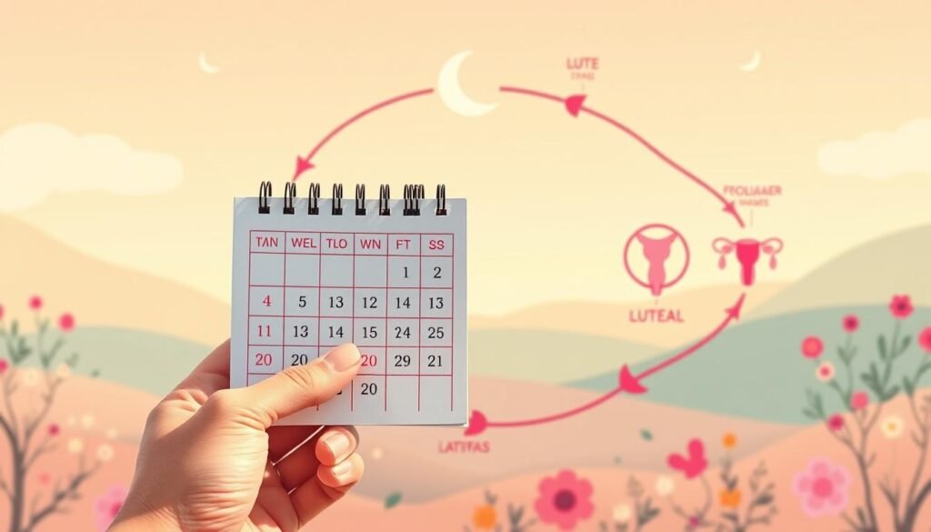 A vibrant, detailed illustration showcasing the various stages of the menstrual cycle. In the foreground, a woman's hand holds a calendar, tracking the days and phases. In the middle ground, stylized icons and symbols representing the cycle stages - menstruation, follicular, ovulation, and luteal - are displayed. The background features a soft, pastel-hued landscape with crescent moons, flowers, and gentle curves symbolizing the cyclical nature of the process. Warm, natural lighting casts a serene, educational atmosphere. Rendered with a clean, modern aesthetic that emphasizes the importance of cycle awareness and self-care. A vibrant, detailed illustration showcasing the various stages of the menstrual cycle. In the foreground, a woman's hand holds a calendar, tracking the days and phases. In the middle ground, stylized icons and symbols representing the cycle stages - menstruation, follicular, ovulation, and luteal - are displayed. The background features a soft, pastel-hued landscape with crescent moons, flowers, and gentle curves symbolizing the cyclical nature of the process. Warm, natural lighting casts a serene, educational atmosphere. Rendered with a clean, modern aesthetic that emphasizes the importance of cycle awareness and self-care.