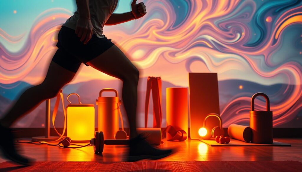 A vibrant, dynamic scene showcasing the energy of exercise. In the foreground, a person in mid-stride, muscles flexing as they move with purpose and power. The middle ground features a variety of fitness equipment - free weights, resistance bands, and yoga mats - all glowing with an inner radiance, hinting at the transformative potential of physical activity. The background is a fluid, abstract landscape of swirling colors and shapes, evoking the rush of endorphins and the sense of liberation that comes from breaking a sweat. Warm, diffuse lighting bathes the entire scene, creating a sense of warmth, vitality, and positive momentum. The overall impression is one of boundless energy, physical and mental, ready to be unleashed through exercise. A vibrant, dynamic scene showcasing the energy of exercise. In the foreground, a person in mid-stride, muscles flexing as they move with purpose and power. The middle ground features a variety of fitness equipment - free weights, resistance bands, and yoga mats - all glowing with an inner radiance, hinting at the transformative potential of physical activity. The background is a fluid, abstract landscape of swirling colors and shapes, evoking the rush of endorphins and the sense of liberation that comes from breaking a sweat. Warm, diffuse lighting bathes the entire scene, creating a sense of warmth, vitality, and positive momentum. The overall impression is one of boundless energy, physical and mental, ready to be unleashed through exercise.