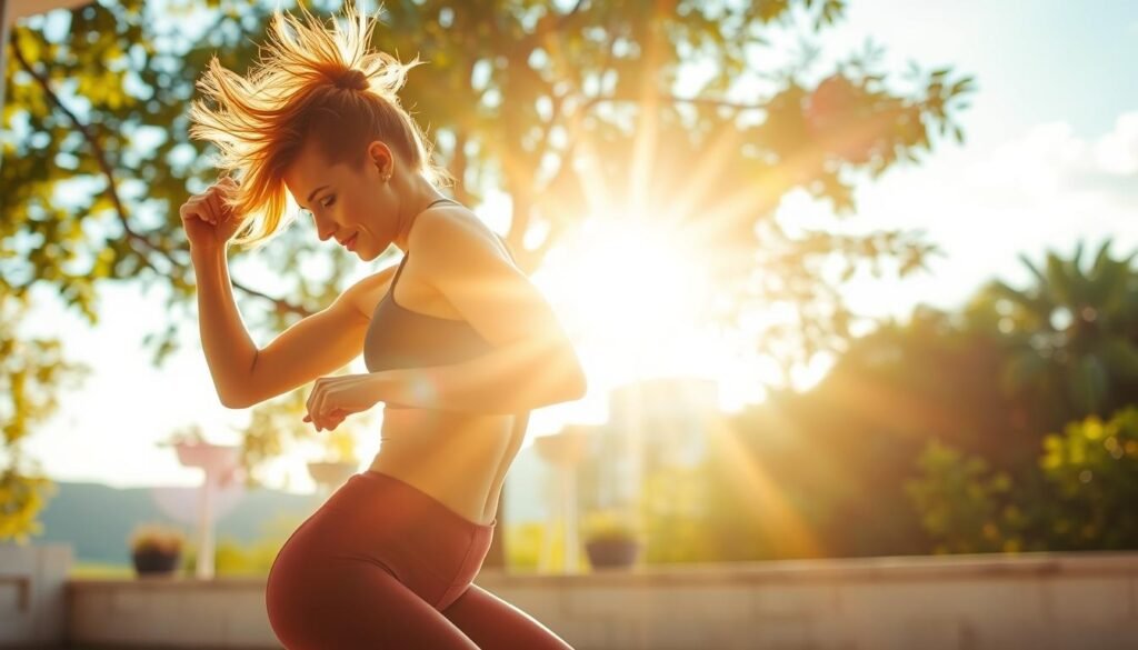 A vibrant, energetic scene depicting the late follicular phase of the menstrual cycle. In the foreground, a woman moves with grace and power, her muscles rippling as she performs a dynamic workout routine. Midground, the lighting is bright and warm, casting a radiant glow that energizes the scene. In the background, a serene, natural environment with lush greenery and a clear blue sky, symbolizing the hormonal surge and heightened physical abilities during this phase. The overall mood is one of strength, vitality, and a sense of performance advantage, capturing the essence of the "late follicular and ovulatory window" period.
