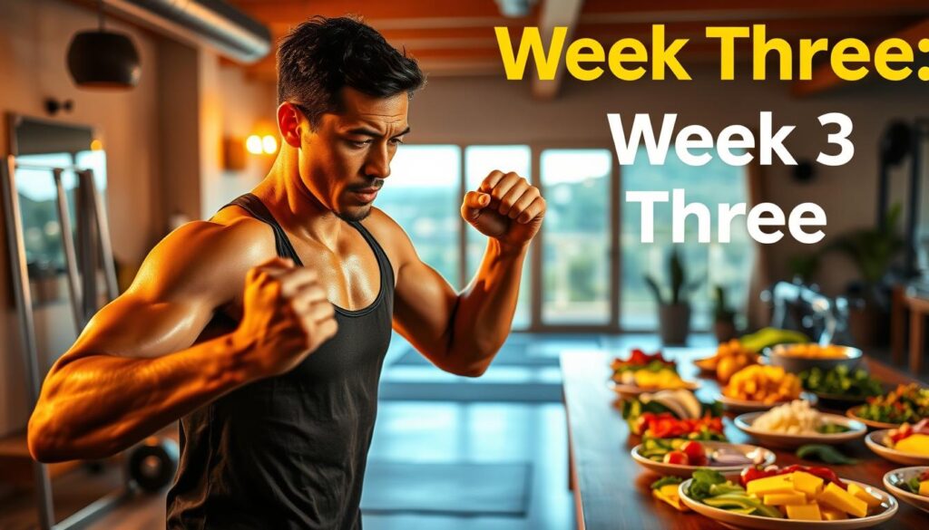 A vibrant, energetic scene depicting the "week three" experience of an intermittent fasting journey. In the foreground, a determined individual performing a dynamic, high-intensity workout, sweat glistening on their skin under warm, focused lighting. In the middle ground, an array of healthy, colorful meal options arranged neatly, signifying the fine-tuning of meal timing and nutrition. The background features a serene, tranquil setting, perhaps a home gym or outdoor space, conveying a sense of balance and recovery during this pivotal stage of the fasting process. The overall atmosphere radiates a sense of empowerment, discipline, and a growing mastery over one's health and wellness. A vibrant, energetic scene depicting the "week three" experience of an intermittent fasting journey. In the foreground, a determined individual performing a dynamic, high-intensity workout, sweat glistening on their skin under warm, focused lighting. In the middle ground, an array of healthy, colorful meal options arranged neatly, signifying the fine-tuning of meal timing and nutrition. The background features a serene, tranquil setting, perhaps a home gym or outdoor space, conveying a sense of balance and recovery during this pivotal stage of the fasting process. The overall atmosphere radiates a sense of empowerment, discipline, and a growing mastery over one's health and wellness.