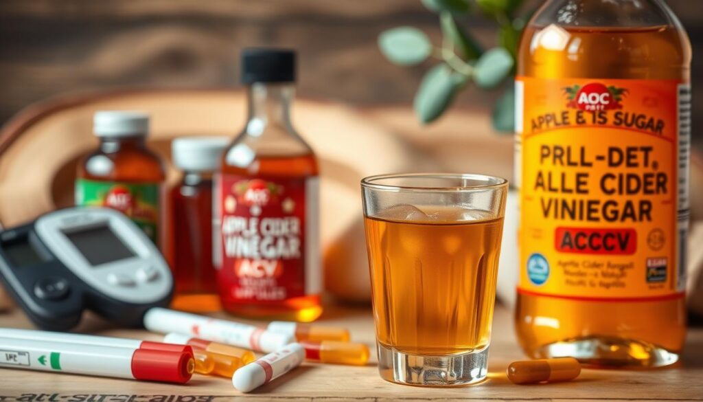 A vibrant, high-resolution image of apple cider vinegar bottles and capsules, with a glass of the liquid held in the foreground, backlit by a soft, warm light. The middle ground features various blood sugar measurement tools, such as a glucometer and test strips, subtly suggesting the connection between ACV and blood sugar support. The background showcases a natural, earthy setting with wooden surfaces and greenery, creating a calming, natural atmosphere. The overall composition and lighting emphasize the health benefits and wellness aspects of using apple cider vinegar for blood sugar management.