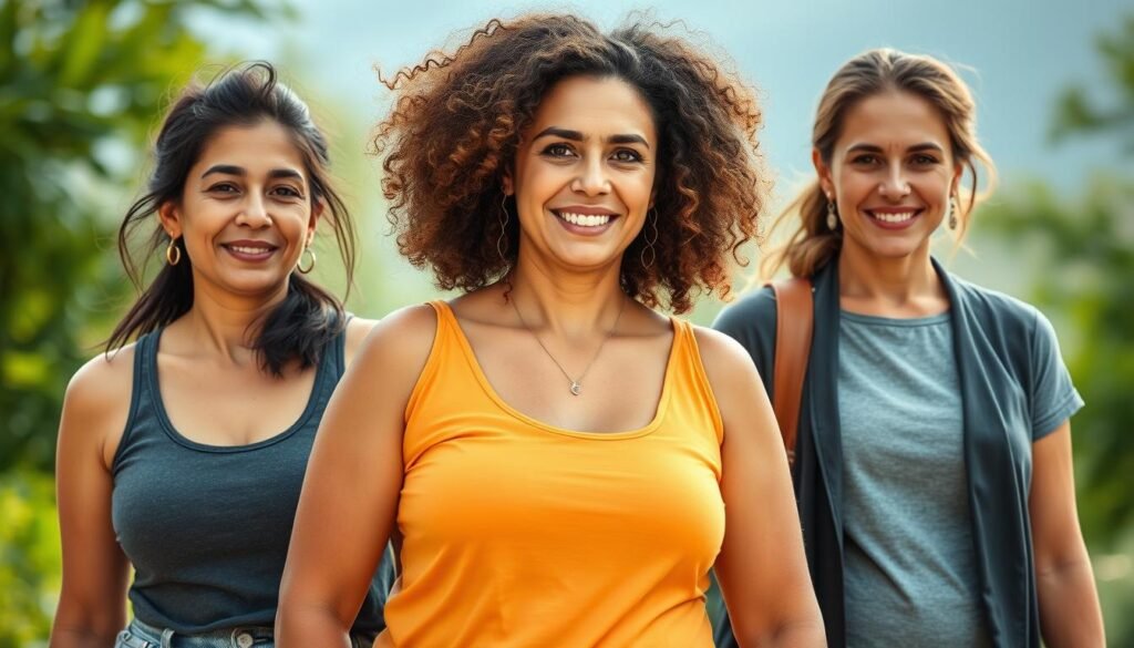 A vibrant, high-resolution image of three diverse women, each with distinct PCOS characteristics, standing in a well-lit, natural setting. The foreground features the women's faces, with a focus on their features, expressions, and overall health and wellness. The middle ground showcases their bodies, highlighting the physical challenges associated with PCOS, such as weight fluctuations, hormonal imbalances, and skin conditions. The background depicts a serene, calming environment, symbolizing the importance of self-care and holistic management for women with PCOS. The lighting is soft and diffused, emphasizing the women's inner strength and resilience. The overall mood is one of empowerment, understanding, and a call to action for those navigating the complexities of PCOS.