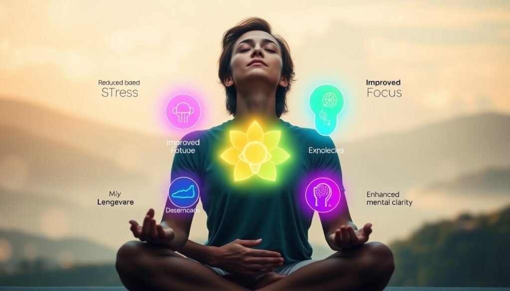 A vibrant, high-resolution image showcasing the science-backed benefits of deep, mindful breathing. In the foreground, a person sits cross-legged, their eyes closed and expression serene as they take a deep, cleansing breath. The middle ground features a series of colorful, glowing icons representing the key benefits of breathwork, such as reduced stress, improved focus, and enhanced mental clarity. The background depicts a soothing, nature-inspired landscape with soft, diffused lighting, creating a calming, meditative atmosphere. The overall composition conveys the transformative power of conscious breathing practices, inviting the viewer to experience the restorative effects for themselves.
