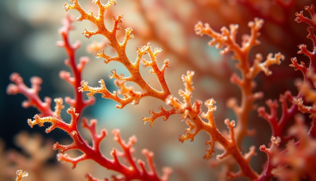 A vibrant, high-resolution photograph of sea moss, also known as Irish moss, a type of red seaweed and algae. The image shows the delicate, lacy fronds of the sea moss up close, capturing the intricate patterns and shades of green, red, and brown that characterize this natural marine organism. The lighting is soft and diffused, highlighting the translucent quality of the sea moss and creating a serene, underwater-like atmosphere. The background is slightly blurred, placing the focus squarely on the detailed, textural beauty of the sea moss itself. The angle is slightly elevated, allowing the viewer to appreciate the full three-dimensional structure of the specimen. A vibrant, high-resolution photograph of sea moss, also known as Irish moss, a type of red seaweed and algae. The image shows the delicate, lacy fronds of the sea moss up close, capturing the intricate patterns and shades of green, red, and brown that characterize this natural marine organism. The lighting is soft and diffused, highlighting the translucent quality of the sea moss and creating a serene, underwater-like atmosphere. The background is slightly blurred, placing the focus squarely on the detailed, textural beauty of the sea moss itself. The angle is slightly elevated, allowing the viewer to appreciate the full three-dimensional structure of the specimen.