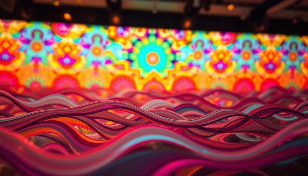 A vibrant, kaleidoscopic display of cyclical patterns, resembling a captivating dance of energy and emotion. In the foreground, a fluid, abstract composition of undulating lines and shapes, each one flowing seamlessly into the next, representing the ebbs and flows of mood, libido, and vitality. The middle ground features subtler, more organic patterns, akin to the rhythmic cycles of the human body, while the background showcases a captivating, prismatic array of colors and forms, evoking the interconnected nature of our physical, mental, and emotional states. Illuminated by a warm, diffused lighting that casts a gentle, contemplative glow, the scene invites the viewer to explore the intricate relationship between the various cycles that shape our lived experiences.