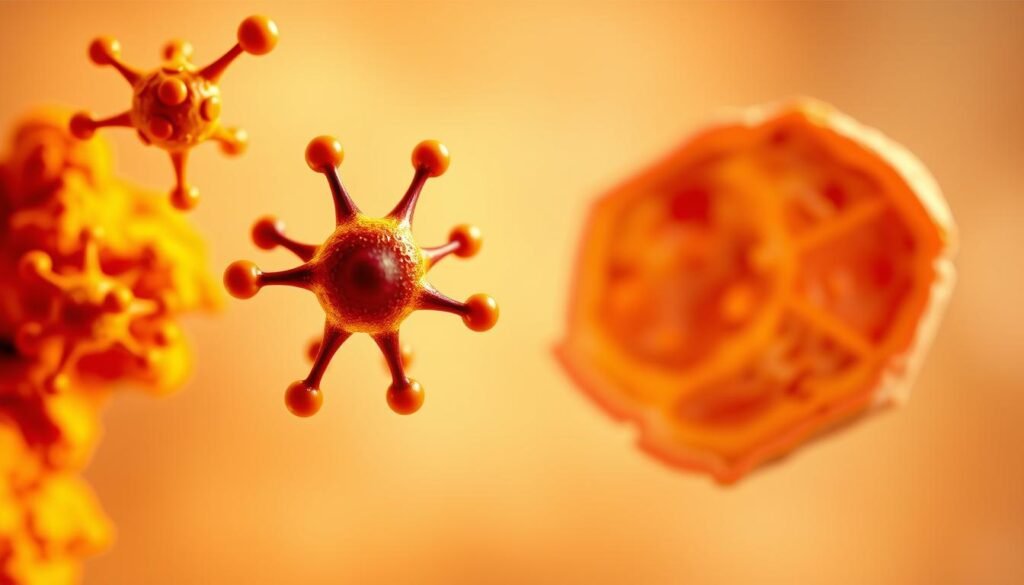 A vibrant, macro-level illustration of the anti-inflammatory properties of turmeric and ginger. In the foreground, an intricate molecular structure representing the active compounds, curcumin and gingerol, in vivid, contrasting colors. In the middle ground, a cross-section of inflamed tissue, with redness and swelling visually diminished by the overlaying molecular structure. The background features a soft, hazy gradient evoking a sense of soothing, restorative effects. Crisp, high-resolution details captured with a wide-angle lens and dramatic lighting to emphasize the powerful, yet natural, mechanisms at work.