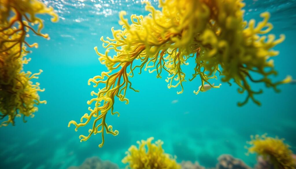 A vibrant, macro-level image of lush, green sea moss gracefully floating in a clear, turquoise ocean. The sea moss is presented in the foreground, with its intricate, delicate fronds reaching out, showcasing its natural, organic beauty. The middle ground features a serene, sun-dappled underwater seascape, with shimmering schools of small fish darting in and out of the sea moss. The background is a hazy, out-of-focus deep blue ocean, creating a sense of depth and tranquility. The lighting is soft and natural, with a warm, golden glow highlighting the sea moss's vibrant hues. The overall composition conveys the health benefits and nutrient-rich properties of this versatile, marine superfood. A vibrant, macro-level image of lush, green sea moss gracefully floating in a clear, turquoise ocean. The sea moss is presented in the foreground, with its intricate, delicate fronds reaching out, showcasing its natural, organic beauty. The middle ground features a serene, sun-dappled underwater seascape, with shimmering schools of small fish darting in and out of the sea moss. The background is a hazy, out-of-focus deep blue ocean, creating a sense of depth and tranquility. The lighting is soft and natural, with a warm, golden glow highlighting the sea moss's vibrant hues. The overall composition conveys the health benefits and nutrient-rich properties of this versatile, marine superfood.