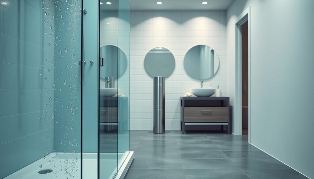 A vibrant, minimalist bathroom scene in cool, muted tones. In the foreground, a sleek, modern shower enclosure with droplets of water cascading down its glass panels. The tiled floor is a soothing, slate-gray hue. In the middle ground, a tall, cylindrical stainless-steel thermos or pitcher, evoking the idea of temperature regulation. The background features a simple, white-tiled wall, with a small, understated mirror above a vanity. Soft, indirect lighting creates a calming, introspective atmosphere, perfect for contemplating the benefits of cold water immersion. A vibrant, minimalist bathroom scene in cool, muted tones. In the foreground, a sleek, modern shower enclosure with droplets of water cascading down its glass panels. The tiled floor is a soothing, slate-gray hue. In the middle ground, a tall, cylindrical stainless-steel thermos or pitcher, evoking the idea of temperature regulation. The background features a simple, white-tiled wall, with a small, understated mirror above a vanity. Soft, indirect lighting creates a calming, introspective atmosphere, perfect for contemplating the benefits of cold water immersion.