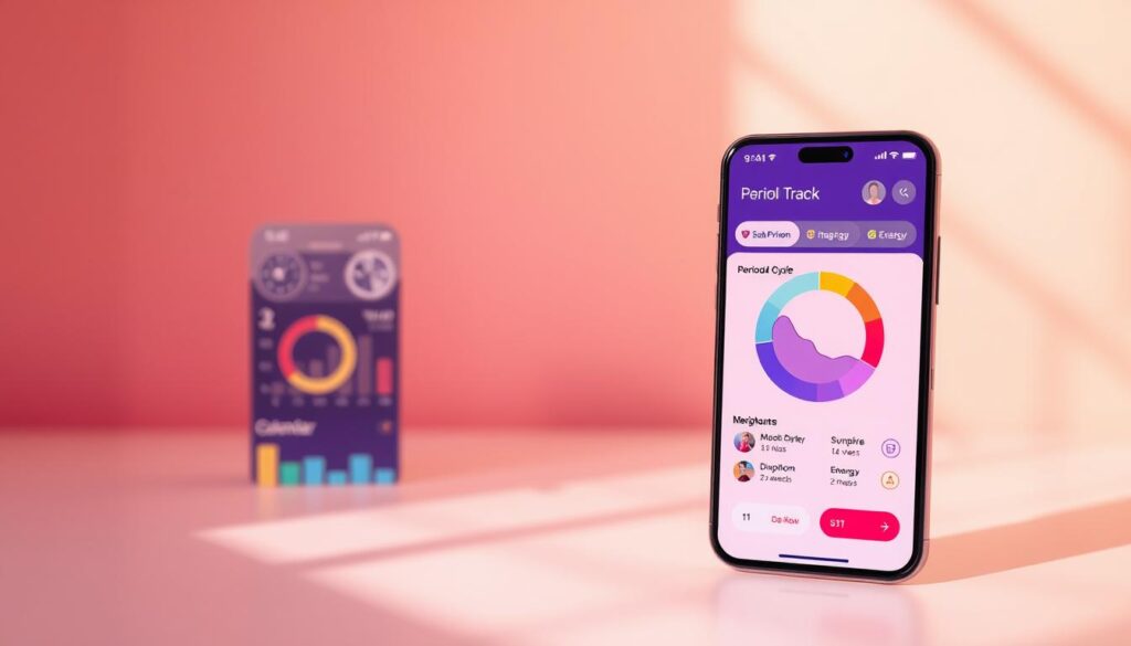 A vibrant, modern mobile app interface displaying a period tracking dashboard with intuitive visualizations of menstrual cycle, mood, and energy levels. In the foreground, a clean, minimalist design showcases dynamic charts and graphs, color-coded to represent different phases of the cycle. The middle ground features a thoughtfully arranged layout of user-friendly features, including calendar views, symptom tracking, and personalized insights. The background depicts a soft, pastel-toned gradient, creating a soothing and calming atmosphere, complementing the app's purpose of helping users better understand their bodies and cycles. Warm, natural lighting casts a gentle glow over the entire scene, conveying a sense of care and empowerment.