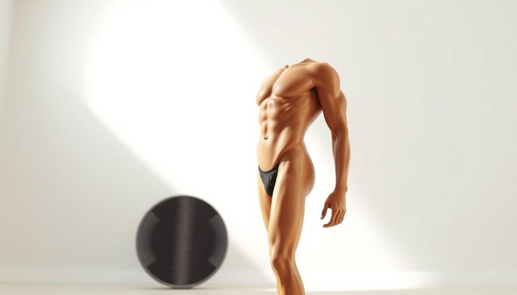 A vibrant, realistic 3D render of a male figure in a bright, airy studio setting. The subject's body composition is clearly visible, with well-defined musculature and a toned, slender physique. The lighting is soft and natural, creating a warm, inviting atmosphere. The camera angle is positioned slightly above the subject, emphasizing the contours of the torso and limbs. The background is minimalist, with a clean white backdrop that allows the subject to take center stage. The overall impression is one of health, vitality, and the positive results of a carefully curated diet and exercise regimen.