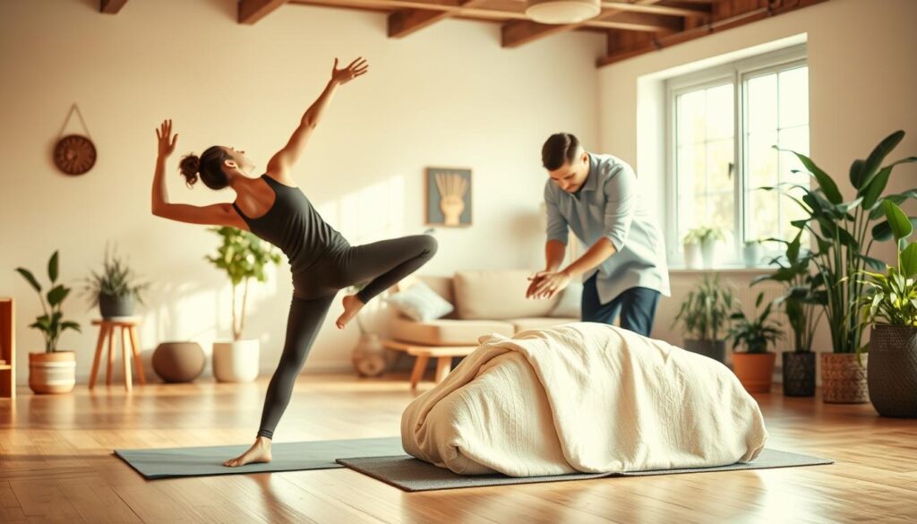 A vibrant scene of embodied movement and integrated living. In the foreground, a person flows gracefully through a yoga pose, their limbs extended in dynamic harmony. The midground features a massage therapist working intently on a client, their hands tracing the connective tissue with focused intent. In the background, a serene living space filled with natural light, plants, and simple furnishings that promote mindfulness. The lighting is warm and diffused, creating a sense of calm and balance. The overall composition conveys a holistic approach to wellbeing, where physical, emotional, and environmental elements are seamlessly intertwined. A vibrant scene of embodied movement and integrated living. In the foreground, a person flows gracefully through a yoga pose, their limbs extended in dynamic harmony. The midground features a massage therapist working intently on a client, their hands tracing the connective tissue with focused intent. In the background, a serene living space filled with natural light, plants, and simple furnishings that promote mindfulness. The lighting is warm and diffused, creating a sense of calm and balance. The overall composition conveys a holistic approach to wellbeing, where physical, emotional, and environmental elements are seamlessly intertwined.