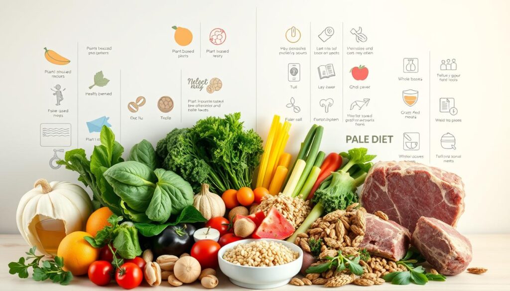 A vibrant, side-by-side comparison of plant-based and paleo diets. In the foreground, an array of fresh, colorful vegetables, fruits, and whole grains set against a neutral, minimalist background. In the middle ground, lean protein sources like tofu, nuts, and grass-fed meats. The background features a series of health-focused infographics and icons, conveying the science and benefits of each dietary approach. Soft, warm lighting illuminates the scene, creating a balanced, inviting atmosphere that highlights the nutritional merits of both lifestyles. The overall mood is one of informed decision-making, guiding the viewer to consider the advantages of plant-based and paleo diets in the context of a modern, health-conscious world. A vibrant, side-by-side comparison of plant-based and paleo diets. In the foreground, an array of fresh, colorful vegetables, fruits, and whole grains set against a neutral, minimalist background. In the middle ground, lean protein sources like tofu, nuts, and grass-fed meats. The background features a series of health-focused infographics and icons, conveying the science and benefits of each dietary approach. Soft, warm lighting illuminates the scene, creating a balanced, inviting atmosphere that highlights the nutritional merits of both lifestyles. The overall mood is one of informed decision-making, guiding the viewer to consider the advantages of plant-based and paleo diets in the context of a modern, health-conscious world.