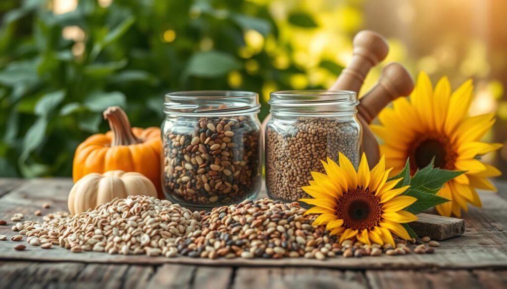 A vibrant still life capturing the essence of seed cycling. In the foreground, an assortment of whole, organic seeds - flax, pumpkin, chia, and sunflower - artfully arranged on a rustic wooden surface. The middle ground features a glass jar filled with a colorful blend of seeds, complemented by a mortar and pestle used for grinding. In the background, lush greenery and warm, natural lighting create a nourishing, earthy atmosphere. The composition conveys a sense of balance, health, and the therapeutic process of preparing and consuming these beneficial seeds. A vibrant still life capturing the essence of seed cycling. In the foreground, an assortment of whole, organic seeds - flax, pumpkin, chia, and sunflower - artfully arranged on a rustic wooden surface. The middle ground features a glass jar filled with a colorful blend of seeds, complemented by a mortar and pestle used for grinding. In the background, lush greenery and warm, natural lighting create a nourishing, earthy atmosphere. The composition conveys a sense of balance, health, and the therapeutic process of preparing and consuming these beneficial seeds.