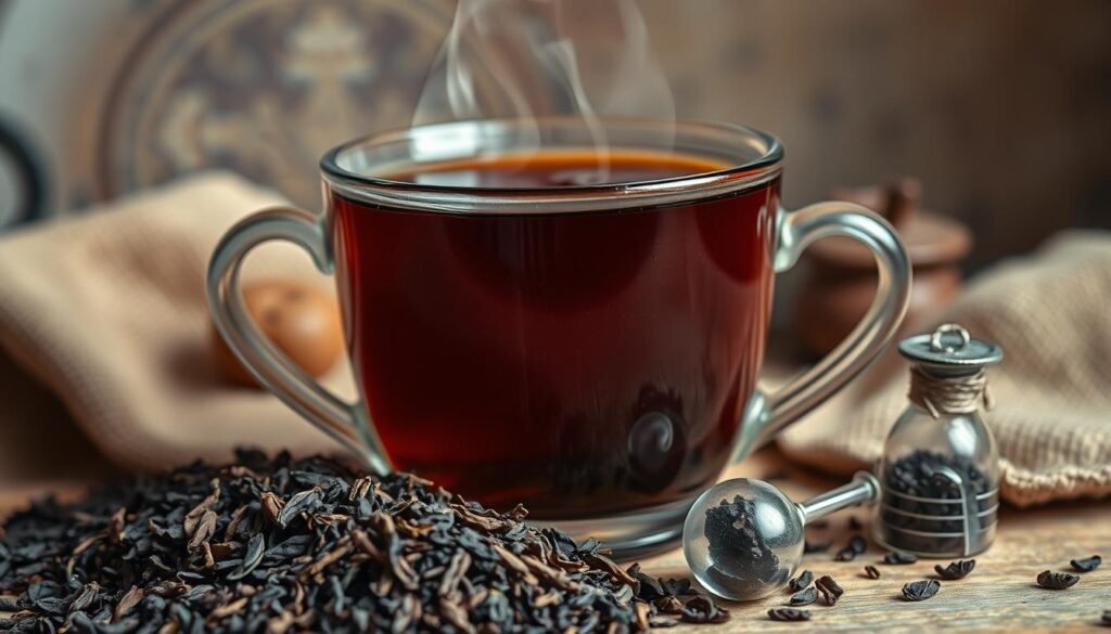 A vibrant still life showcasing a steaming cup of black tea, set against a backdrop of earthy tones and rustic textures. The cup, with its rich, dark liquid, is positioned at a slight angle, drawing the viewer's eye to the delicate swirls of steam rising from the surface. The lighting is soft and warm, casting a cozy, inviting glow over the scene. In the foreground, a handful of whole tea leaves and a small hourglass-shaped timer add a sense of artisanal authenticity, highlighting the care and attention given to the preparation of this revitalizing beverage. The overall composition exudes a sense of alertness and focus, mirroring the stimulating effects of the tea's key compounds.
