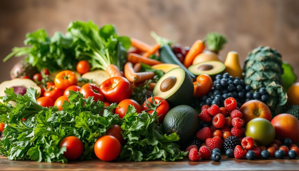A vibrant still life showcasing an abundant array of fresh produce. In the foreground, a cornucopia of colorful vegetables and fruits spill forth, including crisp leafy greens, juicy tomatoes, crunchy carrots, ripe avocados, and plump berries. The middle ground features an artful display of these nutritious edibles, arranged with an eye for balance and visual appeal. The background suggests a rustic, earthy setting, with natural light gently illuminating the scene. Warm, inviting tones create a sense of wholesomeness and vitality, reflecting the nourishing bounty. Captured through a wide-angle lens with a shallow depth of field, this image celebrates the inherent beauty and vitality of nature's most wholesome gifts.