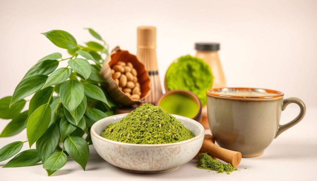 A vibrant still life showcasing the distinctive features of moringa and matcha side by side. In the foreground, a cluster of moringa leaves cascade gracefully, their delicate green hues complemented by the powdery green matcha in a ceramic bowl beside them. In the middle ground, a moringa pod splits open to reveal its nutrient-rich seeds, while a bamboo whisk and ceramic tea cup hint at the preparation of matcha. The background is a soft, neutral palette that allows the natural beauty of these superfoods to shine. Crisp, even lighting illuminates the scene, captured through a sharp, close-up lens to highlight the intricate textures and rich colors. The overall composition conveys a sense of harmony, balance, and the healthful allure of these trending plant-based ingredients.
