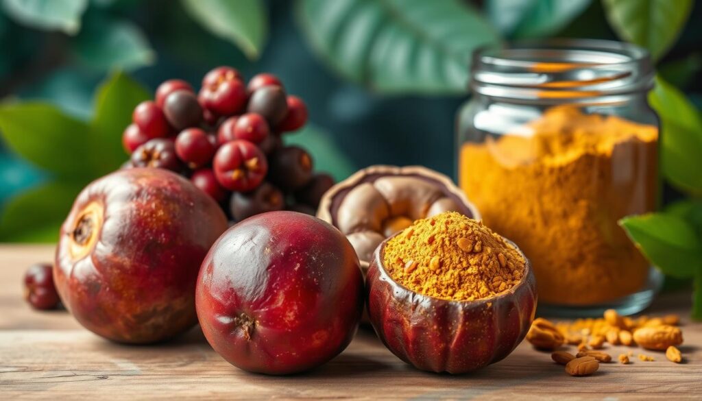A vibrant still life showcasing the key ingredients of triphala, a traditional Ayurvedic herbal blend renowned for its gut health benefits. In the foreground, three plump amla (Indian gooseberries), haritaki, and bibhitaki fruits rest on a natural wood surface, their rich, earthy tones complemented by a soft, diffused natural light. The middle ground features a glass jar filled with the ground triphala powder, its warm ochre hue contrasting with the cool blues and greens of a lush, leafy backdrop. The scene exudes a sense of balance, harmony, and the ancient wisdom of holistic healing. A vibrant still life showcasing the key ingredients of triphala, a traditional Ayurvedic herbal blend renowned for its gut health benefits. In the foreground, three plump amla (Indian gooseberries), haritaki, and bibhitaki fruits rest on a natural wood surface, their rich, earthy tones complemented by a soft, diffused natural light. The middle ground features a glass jar filled with the ground triphala powder, its warm ochre hue contrasting with the cool blues and greens of a lush, leafy backdrop. The scene exudes a sense of balance, harmony, and the ancient wisdom of holistic healing.