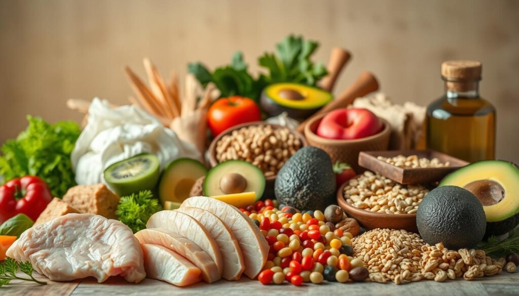 A vibrant still life showcasing the three macronutrients - protein, carbohydrates, and fats. In the foreground, a variety of lean protein sources like chicken, fish, and legumes are arranged elegantly. In the middle ground, an assortment of whole grains, fruits, and vegetables represent the carbohydrate component. Surrounding them, healthy fats such as avocado, nuts, and olive oil are strategically placed. The composition is lit with warm, natural lighting, creating a soft, inviting atmosphere. The image conveys the balance and harmony of these essential nutrients for optimal hormone health.