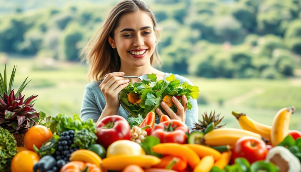 A vibrant, well-balanced image showcasing the benefits of a plant-based diet. In the foreground, an assortment of colorful fruits and vegetables, meticulously arranged to create a visually appealing and appetizing display. The middle ground features a person enjoying a fresh salad, their expression radiating health and vitality. In the background, a serene landscape with lush greenery, highlighting the connection between plant-based nutrition and the natural world. The lighting is soft and natural, creating a warm, inviting atmosphere. The overall composition emphasizes the harmonious relationship between plant-based eating and optimal heart and gut health.