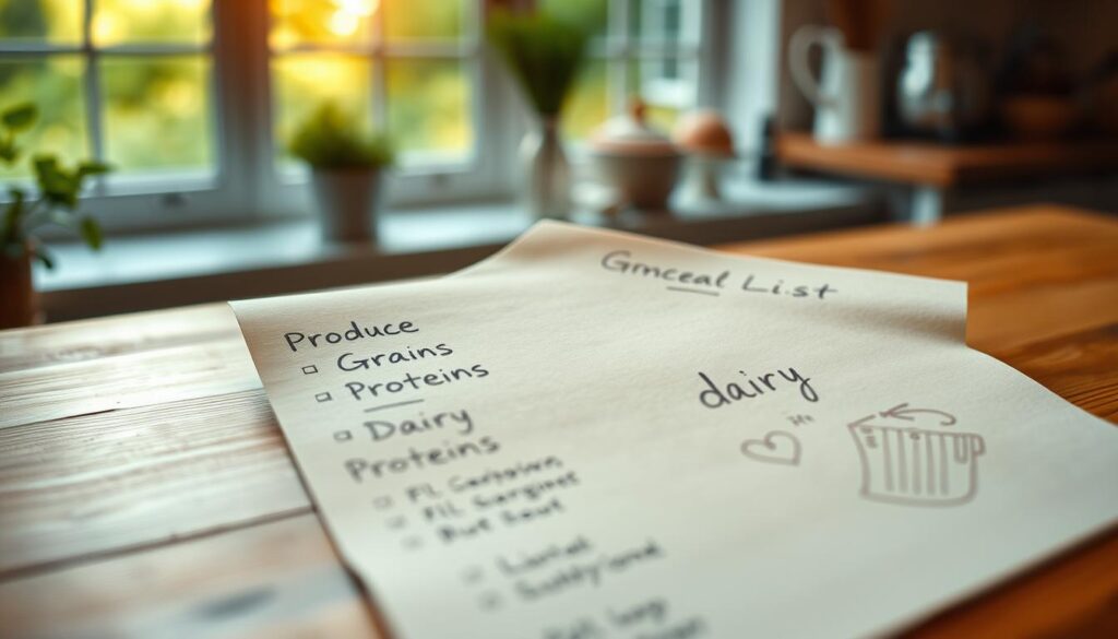 A visually appealing and neatly organized grocery list laid out on a wooden table, illuminated by soft, warm lighting. The list is handwritten in a clean, legible script, with items categorized into distinct sections like "Produce", "Grains", "Dairy", and "Proteins". The background features a subtly blurred, natural scene, perhaps a kitchen window overlooking a lush, green landscape, conveying a sense of holistic, healthy living. The overall mood is one of simplicity, organization, and a mindful approach to grocery shopping for optimal nutrition.