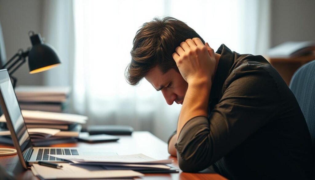 A visually fatigued person sitting at a desk, their head resting wearily on their hand. The lighting is soft and muted, casting a melancholic atmosphere. The desk is cluttered with papers and a laptop, symbolizing the overwhelming workload. The person's expression conveys a sense of mental exhaustion, their eyes downcast and their brow furrowed. The background is blurred, drawing the focus to the figure in the center, who appears isolated and overwhelmed by their responsibilities. The overall scene evokes a feeling of high-functioning burnout, where the individual is pushing through despite their depleted energy levels. A visually fatigued person sitting at a desk, their head resting wearily on their hand. The lighting is soft and muted, casting a melancholic atmosphere. The desk is cluttered with papers and a laptop, symbolizing the overwhelming workload. The person's expression conveys a sense of mental exhaustion, their eyes downcast and their brow furrowed. The background is blurred, drawing the focus to the figure in the center, who appears isolated and overwhelmed by their responsibilities. The overall scene evokes a feeling of high-functioning burnout, where the individual is pushing through despite their depleted energy levels.