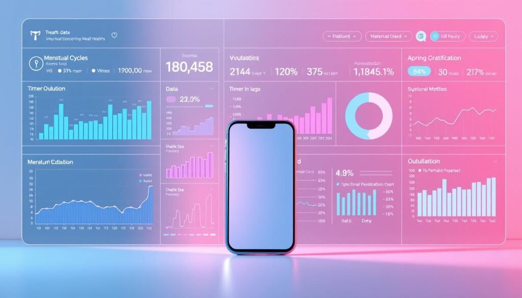 A visually striking composition featuring a data visualization dashboard showcasing various health metrics. The foreground depicts a holistic set of graphs, charts, and statistics related to menstrual cycles, ovulation, and other relevant reproductive health data. The middle ground showcases a stylized 3D model of a smartphone or mobile device, subtly implying the digital platform where this data is typically recorded. The background features a soft, ethereal gradient, creating a sense of privacy and confidentiality around the sensitive health information displayed. Lighting is soft and diffused, lending an air of professionalism and clinical precision to the scene. The overall mood is one of informative clarity, emphasizing the importance of understanding the data that period tracking apps collect and how it impacts personal privacy. A visually striking composition featuring a data visualization dashboard showcasing various health metrics. The foreground depicts a holistic set of graphs, charts, and statistics related to menstrual cycles, ovulation, and other relevant reproductive health data. The middle ground showcases a stylized 3D model of a smartphone or mobile device, subtly implying the digital platform where this data is typically recorded. The background features a soft, ethereal gradient, creating a sense of privacy and confidentiality around the sensitive health information displayed. Lighting is soft and diffused, lending an air of professionalism and clinical precision to the scene. The overall mood is one of informative clarity, emphasizing the importance of understanding the data that period tracking apps collect and how it impacts personal privacy.