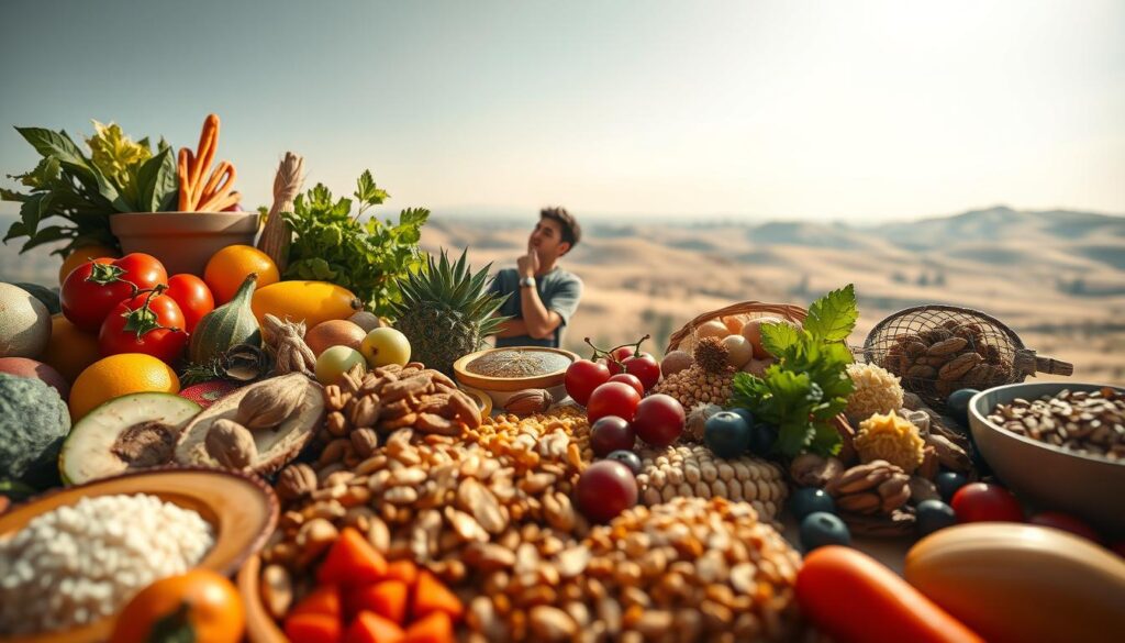 A visually striking panorama depicting the concept of energy levels. In the foreground, a vibrant array of natural ingredients - fresh fruits, vegetables, nuts, and whole grains - arranged in a dynamic composition, conveying the idea of a nourishing, well-balanced breakfast. The middle ground features a person in a thoughtful pose, surrounded by a soft, warm light that emanates a sense of focus and clarity. In the background, a minimalist landscape with rolling hills and a sun-dappled sky, evoking a sense of calm and rejuvenation. The overall scene is captured through a wide-angle lens, with a shallow depth of field that draws the viewer's attention to the central elements. The lighting is a harmonious blend of natural and studio-style illumination, creating a rich, inviting atmosphere. A visually striking panorama depicting the concept of energy levels. In the foreground, a vibrant array of natural ingredients - fresh fruits, vegetables, nuts, and whole grains - arranged in a dynamic composition, conveying the idea of a nourishing, well-balanced breakfast. The middle ground features a person in a thoughtful pose, surrounded by a soft, warm light that emanates a sense of focus and clarity. In the background, a minimalist landscape with rolling hills and a sun-dappled sky, evoking a sense of calm and rejuvenation. The overall scene is captured through a wide-angle lens, with a shallow depth of field that draws the viewer's attention to the central elements. The lighting is a harmonious blend of natural and studio-style illumination, creating a rich, inviting atmosphere.