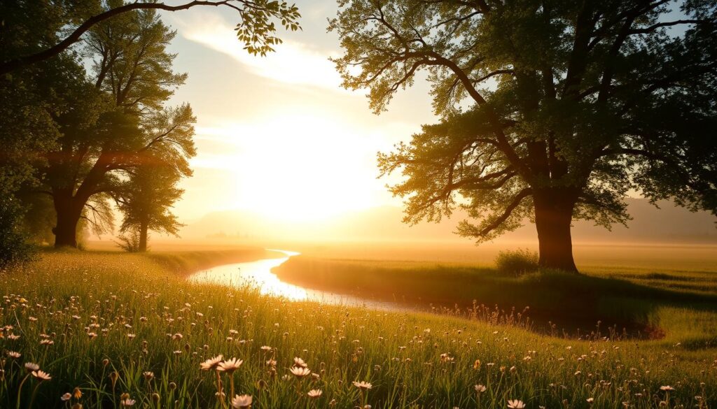 A warm, diffused light bathes a serene morning landscape. The rising sun casts a soft, golden glow through wispy clouds, illuminating a tranquil meadow dotted with wildflowers. Dewdrops glisten on delicate petals, reflecting the sun's rays. In the distance, a meandering stream catches the light, its gentle ripples sparkling. Towering trees frame the scene, their verdant leaves casting dappled shadows on the ground. The atmosphere is one of calm, rejuvenation, and the natural energy that comes with the start of a new day. A warm, diffused light bathes a serene morning landscape. The rising sun casts a soft, golden glow through wispy clouds, illuminating a tranquil meadow dotted with wildflowers. Dewdrops glisten on delicate petals, reflecting the sun's rays. In the distance, a meandering stream catches the light, its gentle ripples sparkling. Towering trees frame the scene, their verdant leaves casting dappled shadows on the ground. The atmosphere is one of calm, rejuvenation, and the natural energy that comes with the start of a new day.