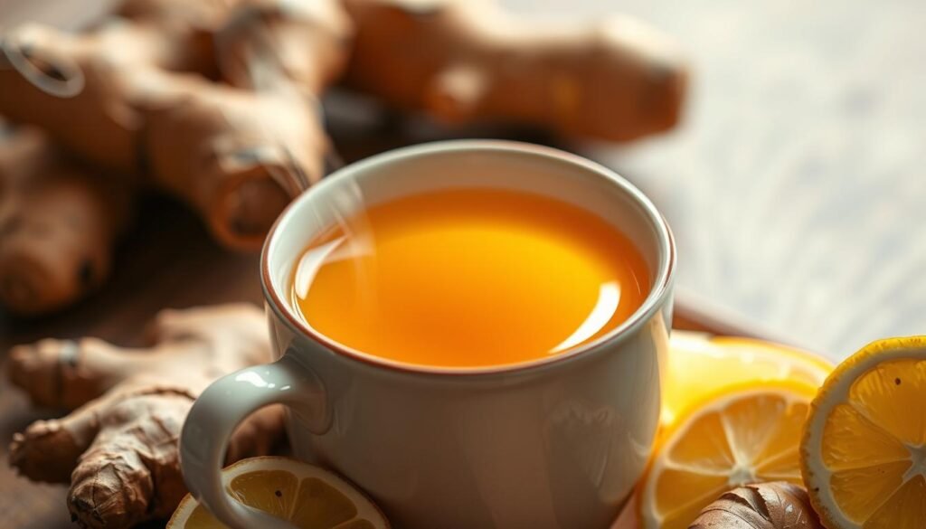 A warm, inviting close-up of a ceramic mug filled with freshly brewed ginger tea, steam rising from the surface. The golden liquid reflects the soft, warm lighting, highlighting the vibrant orange-yellow hue of the infused ginger. Slices of fresh ginger root and a few lemon wedges sit alongside the mug, complementing the natural, earthy tones. The composition is balanced, with a shallow depth of field that keeps the mug in focus while softening the background. The mood is cozy, comforting, and evocative of the traditional medicinal benefits of ginger.