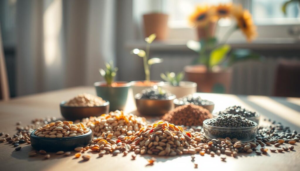 A warm, natural still life scene of an assortment of seeds arranged in a visually appealing composition. Delicate sunlight streams through a window, casting soft shadows across the tabletop. In the foreground, different varieties of seeds - such as flax, pumpkin, chia, and sunflower - are neatly organized in small bowls or piles, their colors and textures contrasting beautifully. In the middle ground, a few potted plants add a sense of growth and vitality. The background is slightly blurred, giving the image a sense of depth and focus. The overall mood is one of harmony, wellness, and the cyclical nature of life. A warm, natural still life scene of an assortment of seeds arranged in a visually appealing composition. Delicate sunlight streams through a window, casting soft shadows across the tabletop. In the foreground, different varieties of seeds - such as flax, pumpkin, chia, and sunflower - are neatly organized in small bowls or piles, their colors and textures contrasting beautifully. In the middle ground, a few potted plants add a sense of growth and vitality. The background is slightly blurred, giving the image a sense of depth and focus. The overall mood is one of harmony, wellness, and the cyclical nature of life.