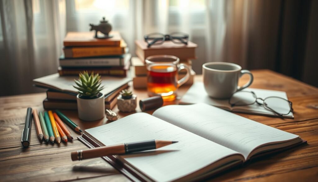 A warm-toned, softly illuminated still life scene on a wooden surface. In the foreground, an open journal with a calligraphic pen and an array of stationery items - a set of colored pencils, a quill, an inkwell, and a small succulent plant. The middle ground features a stack of books, a mug of herbal tea, and a pair of reading glasses. In the background, a window with sheer curtains allows natural light to filter in, creating a serene and contemplative atmosphere. The overall composition evokes a sense of mindfulness, personal growth, and mental wellness. A warm-toned, softly illuminated still life scene on a wooden surface. In the foreground, an open journal with a calligraphic pen and an array of stationery items - a set of colored pencils, a quill, an inkwell, and a small succulent plant. The middle ground features a stack of books, a mug of herbal tea, and a pair of reading glasses. In the background, a window with sheer curtains allows natural light to filter in, creating a serene and contemplative atmosphere. The overall composition evokes a sense of mindfulness, personal growth, and mental wellness.