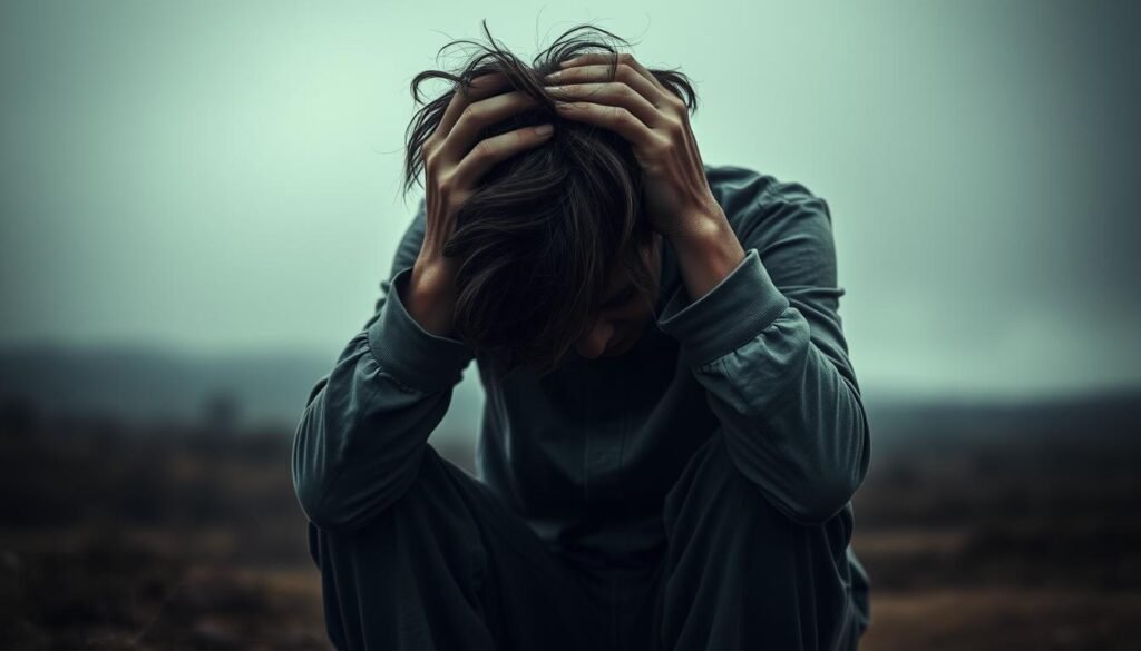 A weary, disheveled figure sits hunched over, hands clutching their head in a gesture of mental anguish. The scene is bathed in a somber, muted palette, with a diffuse, melancholic lighting that casts long shadows, emphasizing the sense of heaviness and burden. In the background, a blurred, formless landscape suggests a sense of isolation and detachment from the world. The overall atmosphere evokes a profound state of emotional and psychological distress, reflecting the complex interplay between burnout, stress, and depression. A weary, disheveled figure sits hunched over, hands clutching their head in a gesture of mental anguish. The scene is bathed in a somber, muted palette, with a diffuse, melancholic lighting that casts long shadows, emphasizing the sense of heaviness and burden. In the background, a blurred, formless landscape suggests a sense of isolation and detachment from the world. The overall atmosphere evokes a profound state of emotional and psychological distress, reflecting the complex interplay between burnout, stress, and depression.
